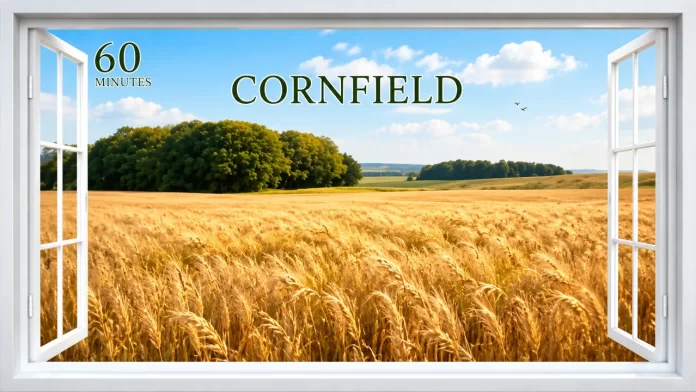 An open white window frames a golden cornfield with dark green trees, a blue sky, scattered white clouds and two small birds in the distance.